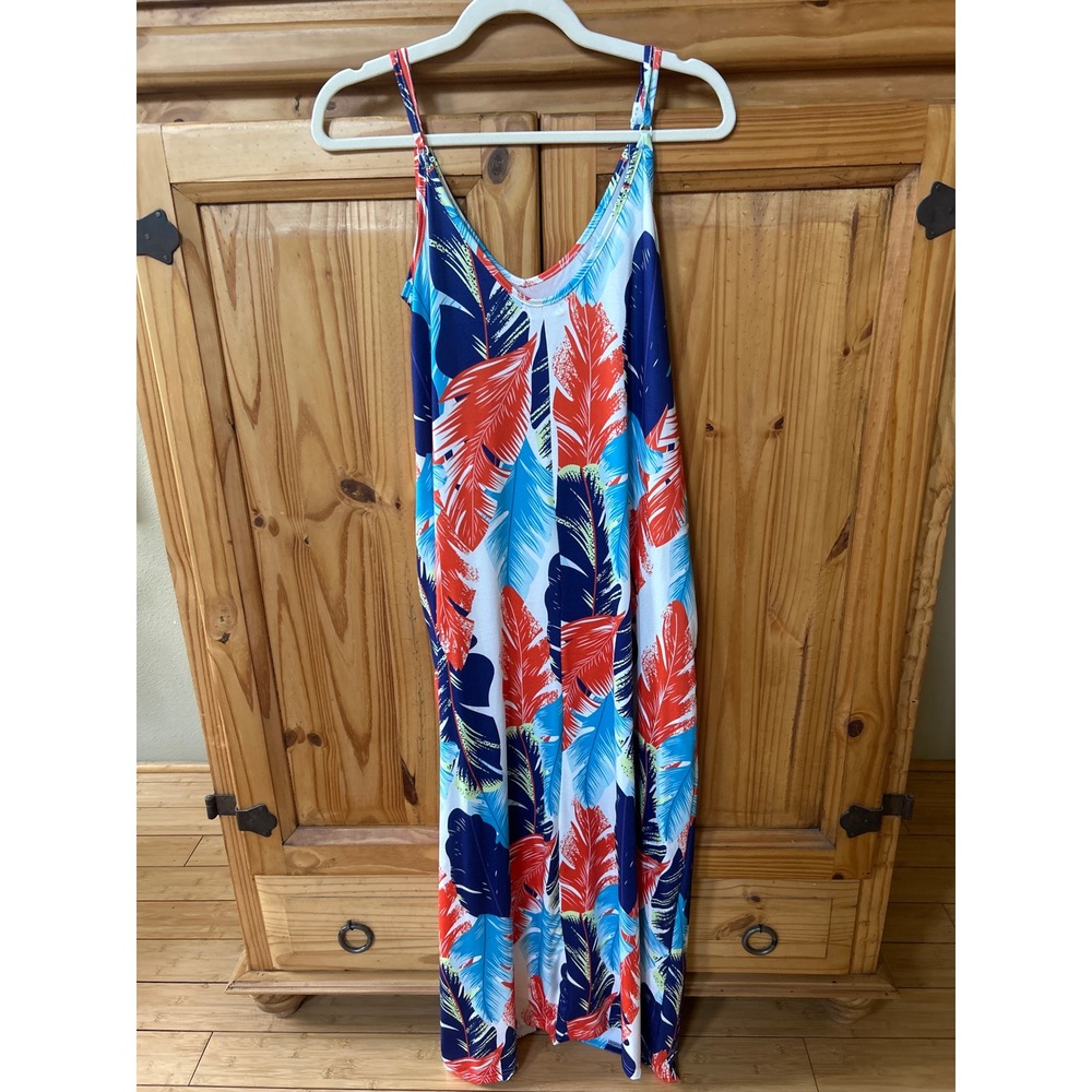 Tropical Leaf Print Maxi Dress Red Blue White Adjustable Straps Pockets S/M - Picture 4 of 6